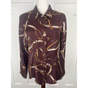 Talbots 100% Silk Equestrian Print Blouse Brown Chain Belt Horsebit Sz 10